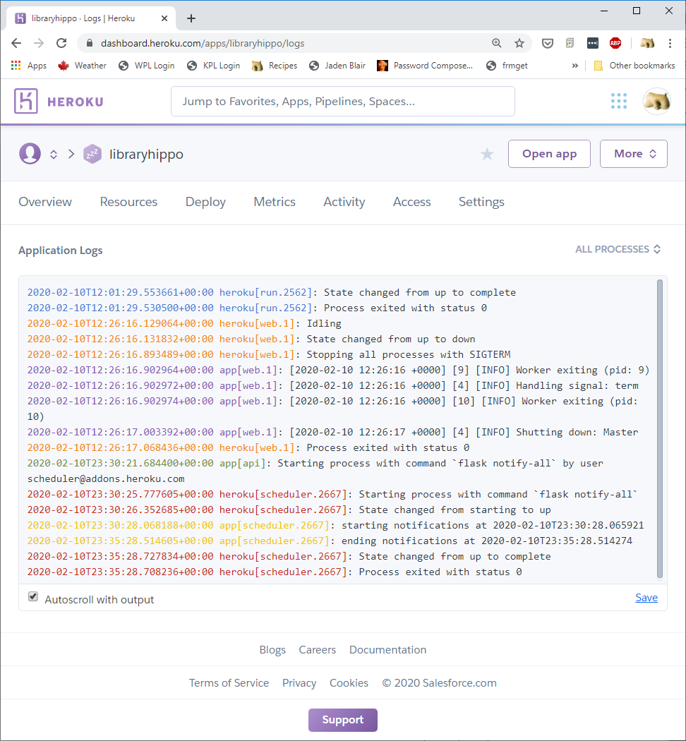 Screenshot of Heroku log of scheduled e-mail task run