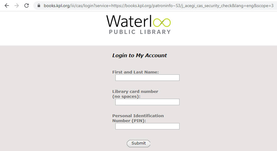 screenshot of Waterloo Public Library patron login form showing 3 text fields and a submit button