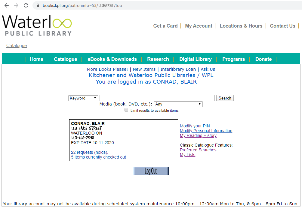 screenshot of Waterloo Public Library patron summary