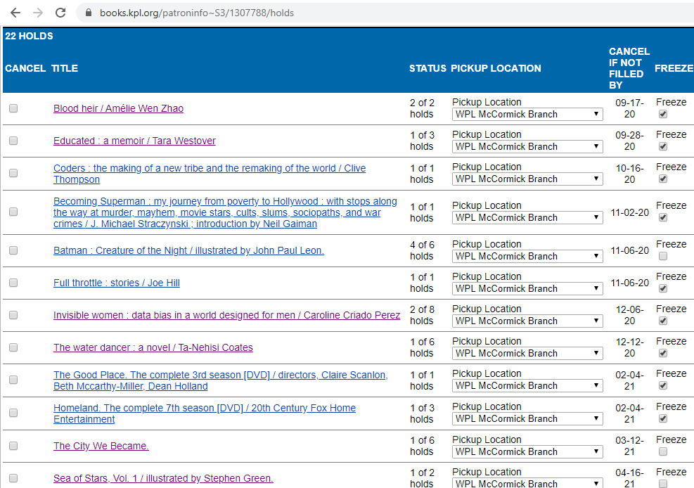 screenshot of the holds page, showing several held items