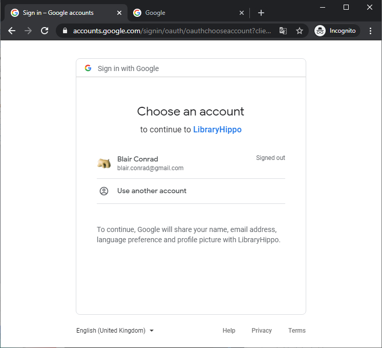 screenshot of Google asking the user to choose an account to use for login